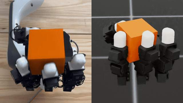LEAP Hand rotating a cube in the real world and in simulation
